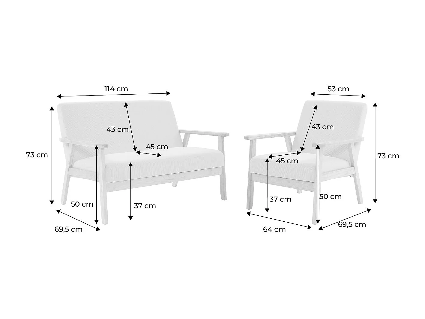 Canapé banquette 2 places + Fauteuil velours côtelé. pieds bois. taupe
