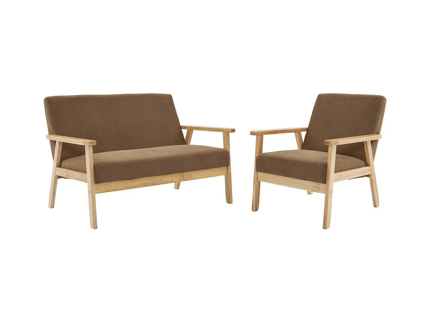 Canapé banquette 2 places + Fauteuil velours côtelé. pieds bois. taupe
