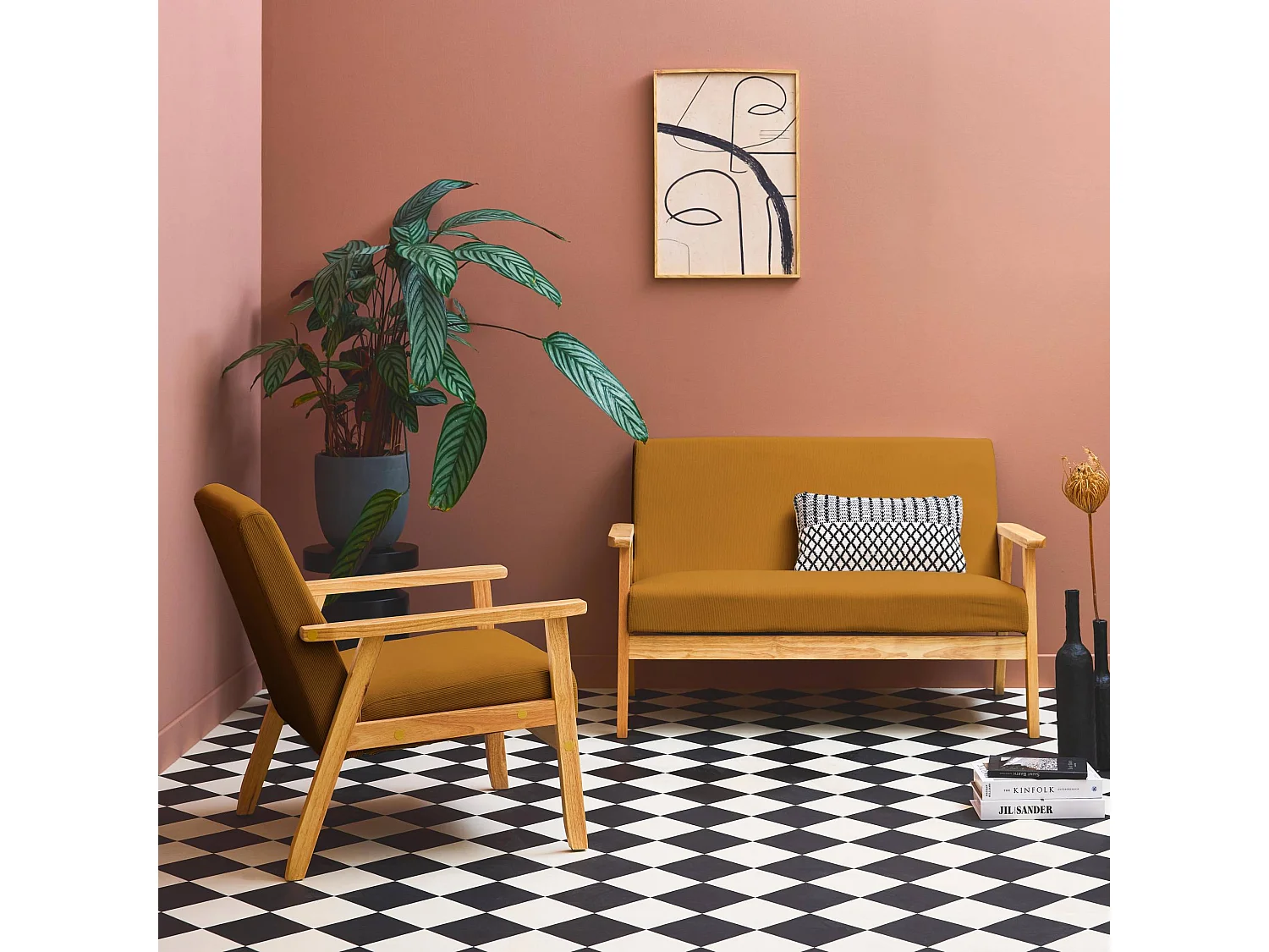 Canapé banquette 2 places + Fauteuil velours côtelé. pieds bois. moutarde