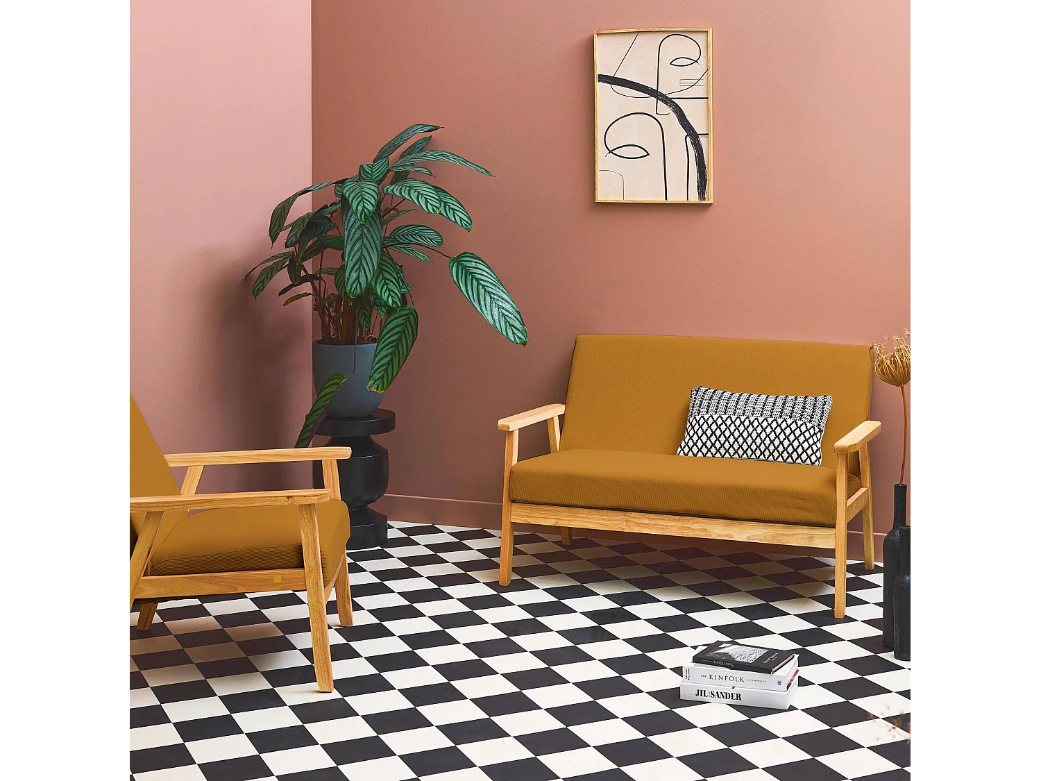 Canapé banquette 2 places + Fauteuil velours côtelé. pieds bois. moutarde