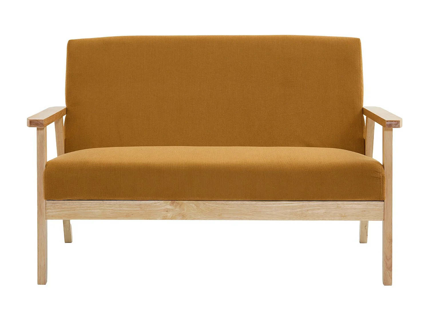 Canapé banquette 2 places + Fauteuil velours côtelé. pieds bois. moutarde