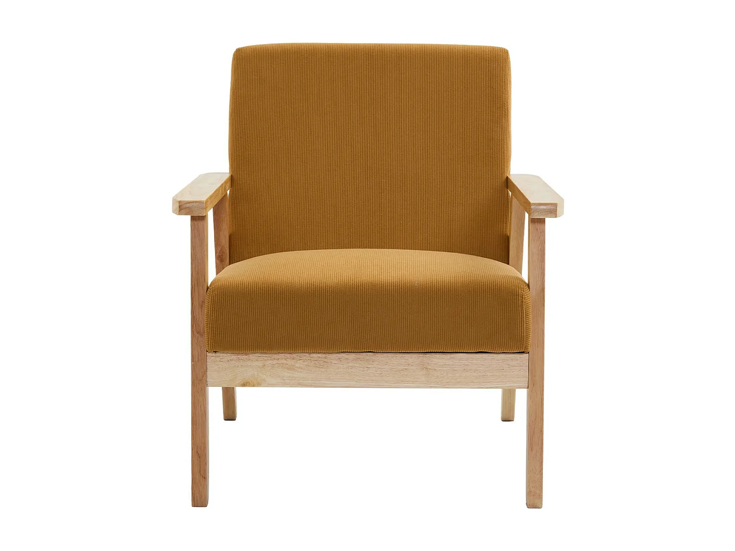 Canapé banquette 2 places + Fauteuil velours côtelé. pieds bois. moutarde