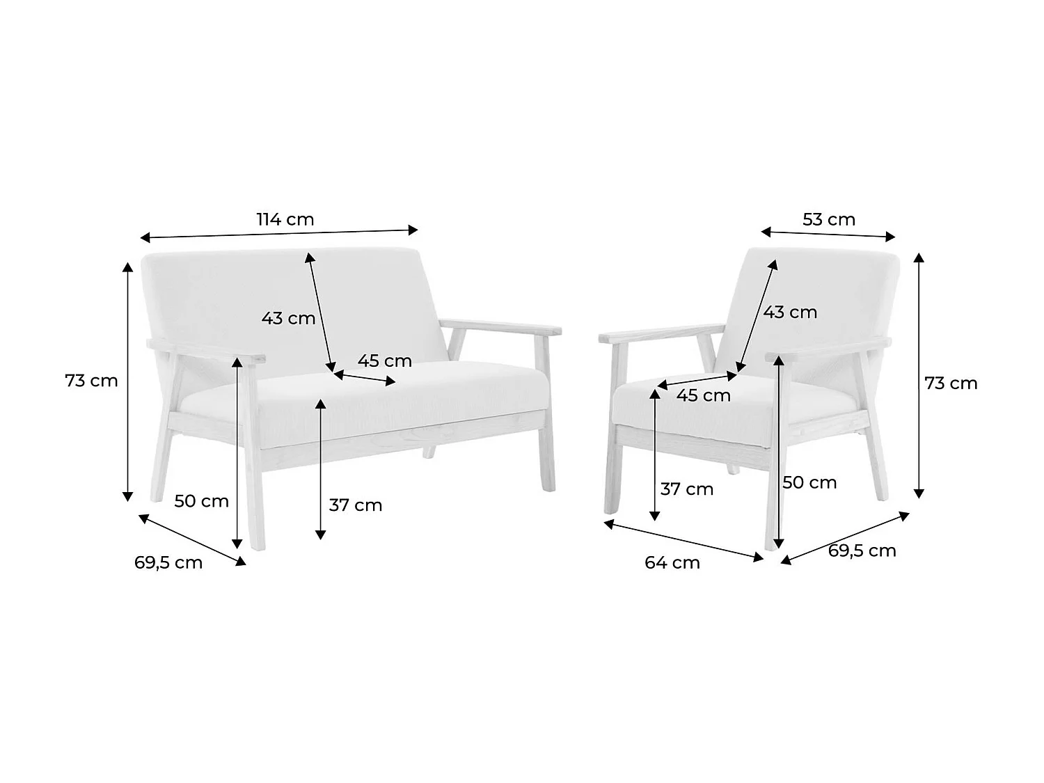 Canapé banquette 2 places + Fauteuil velours côtelé. pieds bois. moutarde