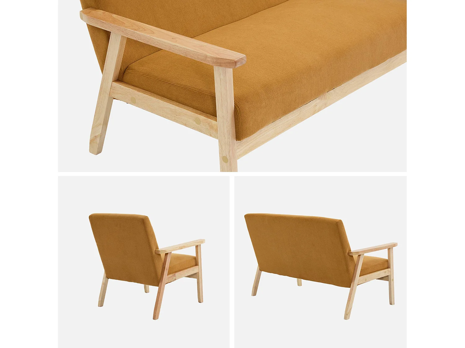 Canapé banquette 2 places + Fauteuil velours côtelé. pieds bois. moutarde