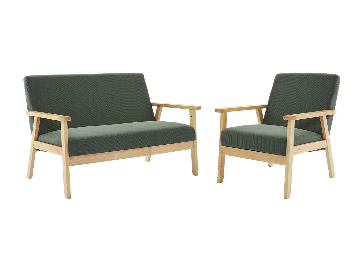 Sofá de 2 plazas y sillón de pana con patas de madera kaki oscuro