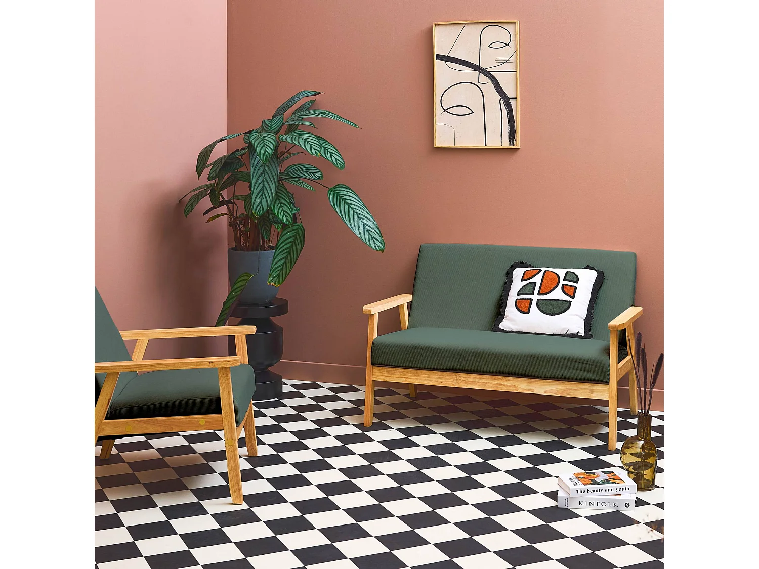 Sofá de 2 plazas y sillón de pana con patas de madera kaki oscuro