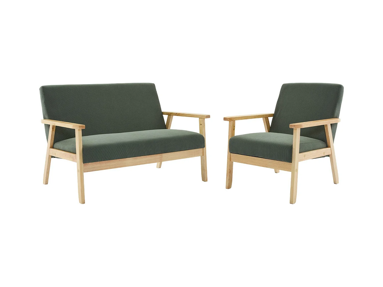 Canapé banquette 2 places + Fauteuil velours côtelé. pieds bois. kaki foncé
