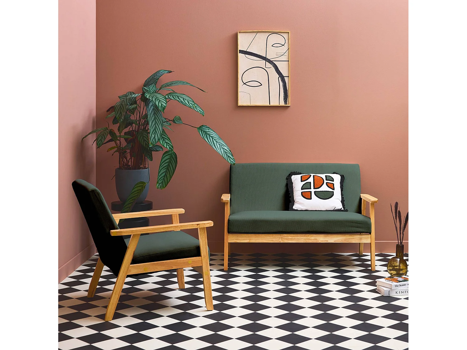 Canapé banquette 2 places + Fauteuil velours côtelé. pieds bois. kaki foncé