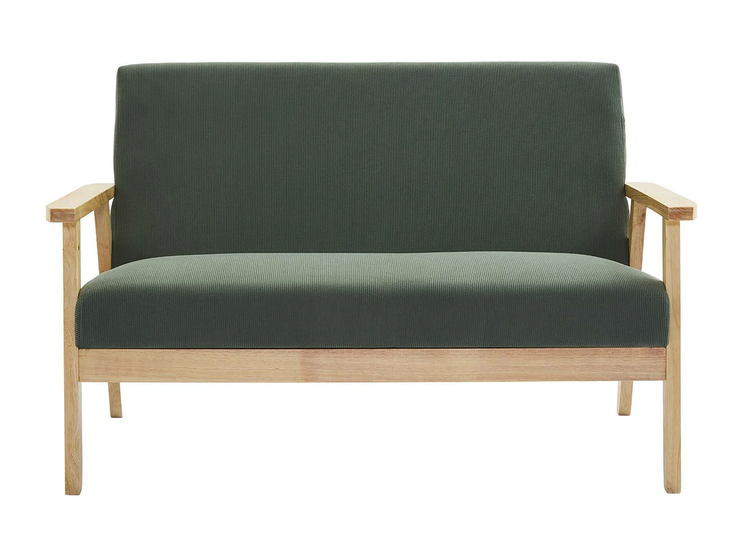 Canapé banquette 2 places + Fauteuil velours côtelé. pieds bois. kaki foncé