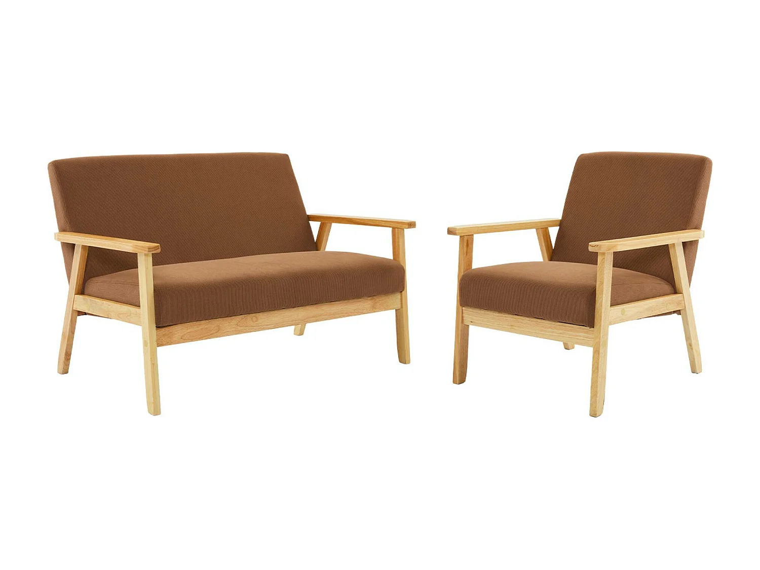 Canapé banquette 2 places + Fauteuil velours côtelé. pieds bois. marron