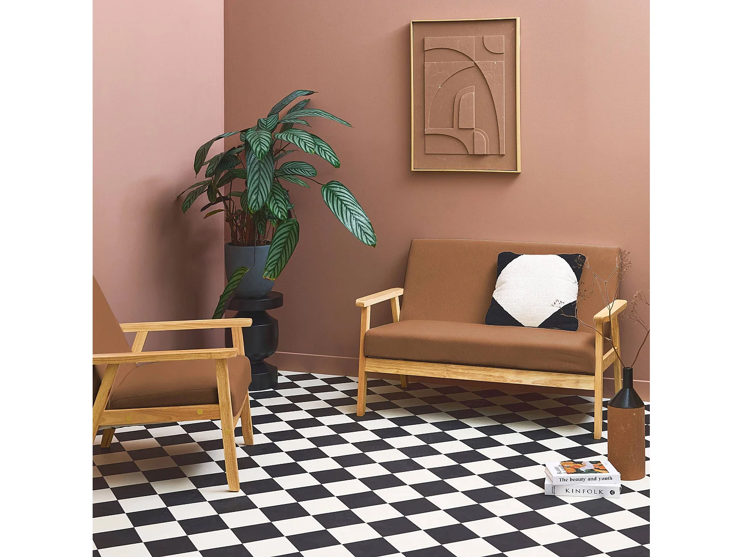 Canapé banquette 2 places + Fauteuil velours côtelé. pieds bois. marron