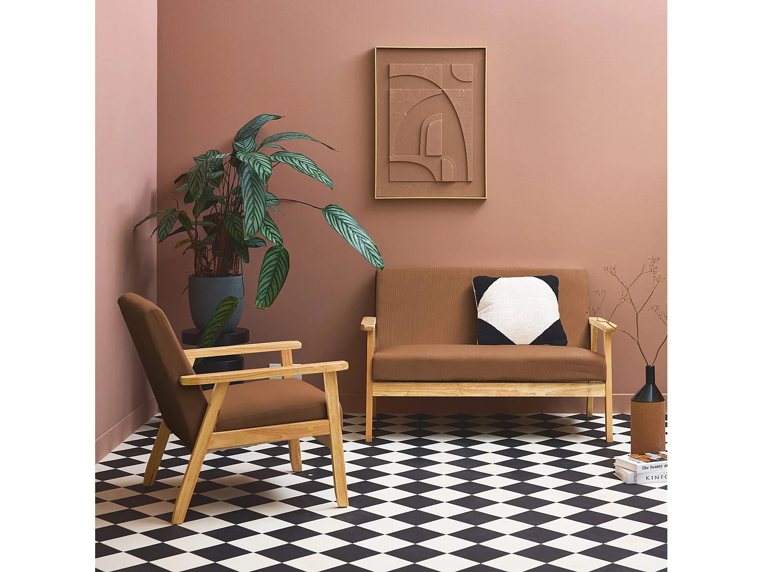 Canapé banquette 2 places + Fauteuil velours côtelé. pieds bois. marron