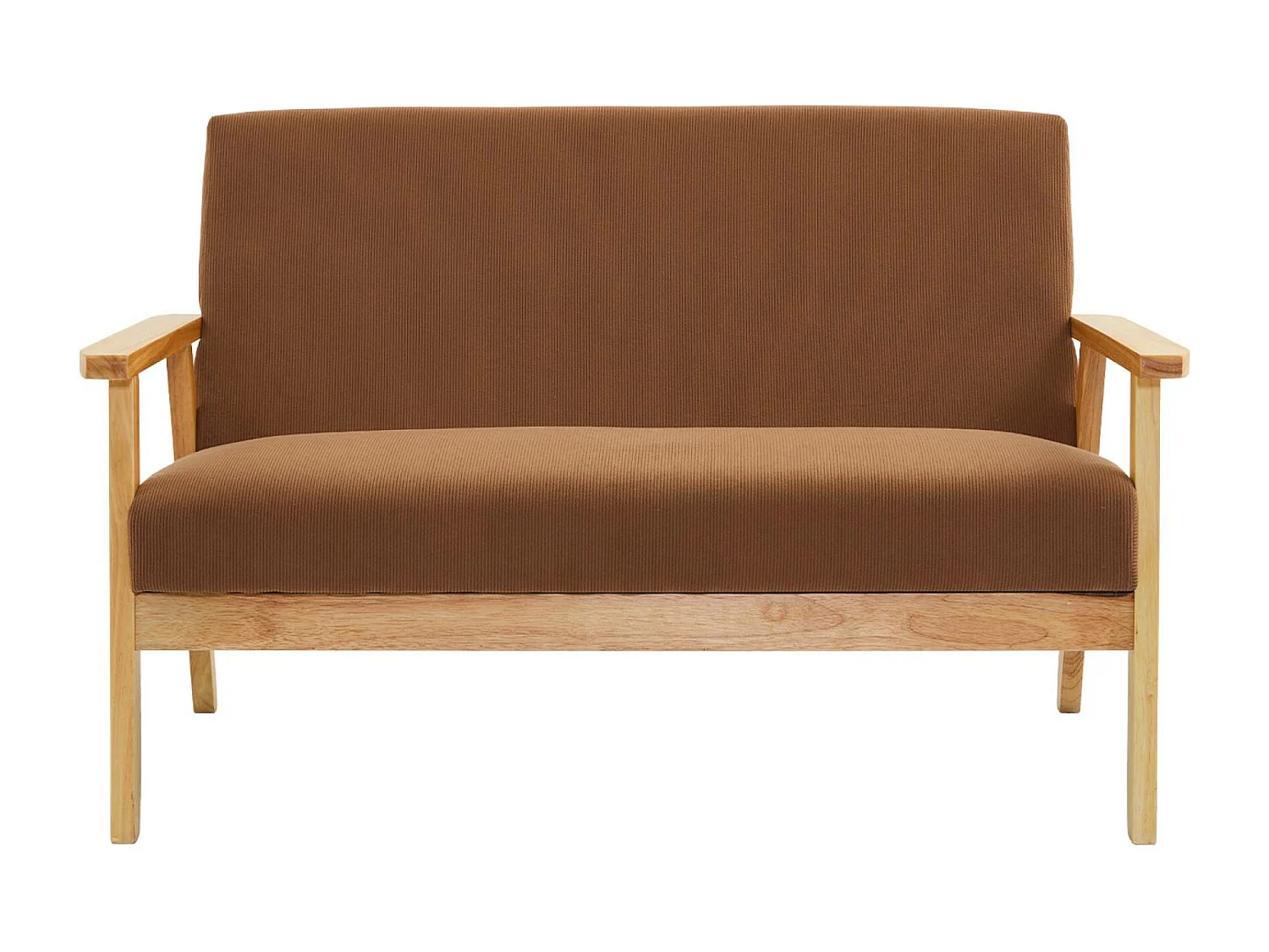 Canapé banquette 2 places + Fauteuil velours côtelé. pieds bois. marron