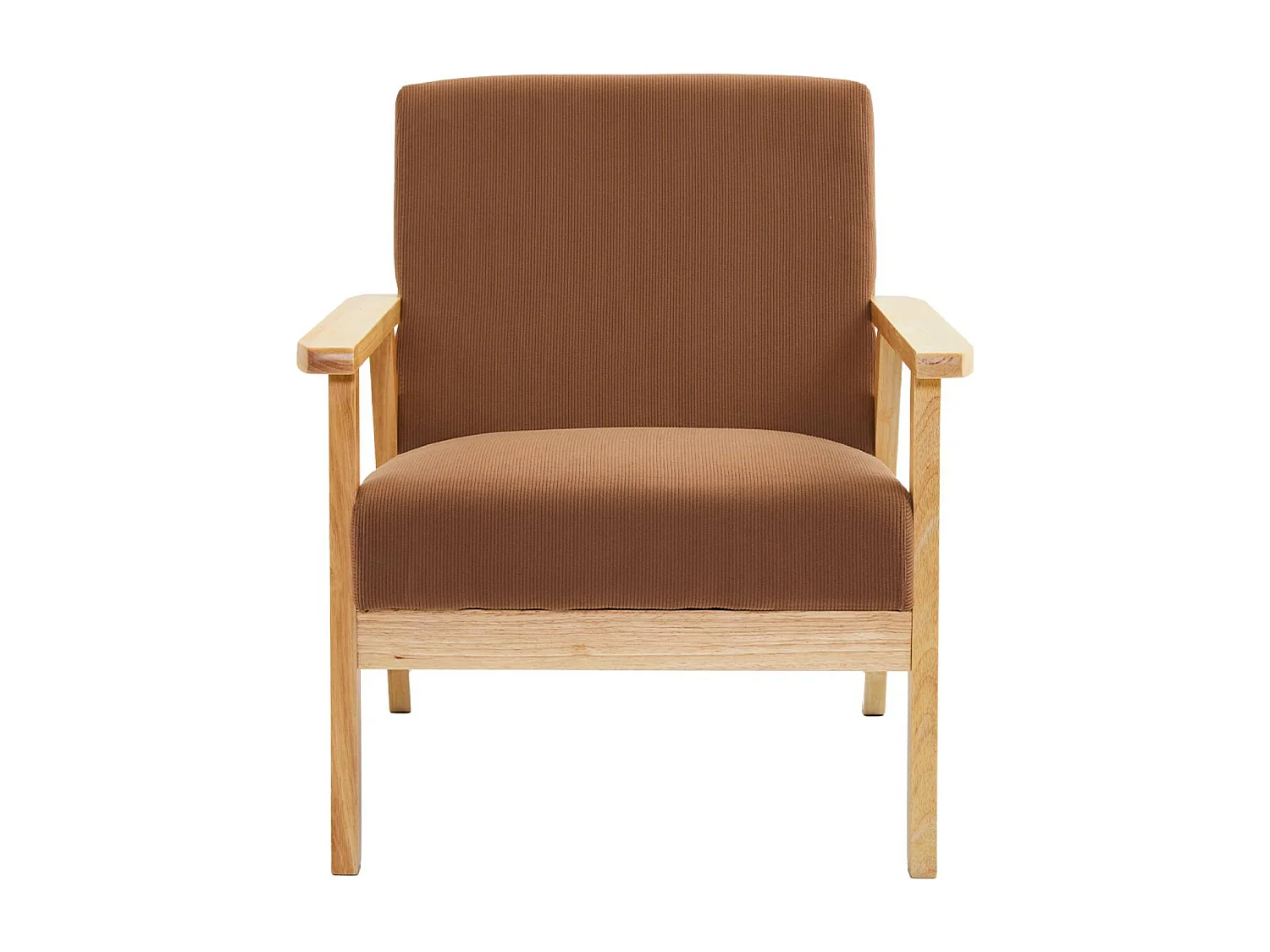 Canapé banquette 2 places + Fauteuil velours côtelé. pieds bois. marron