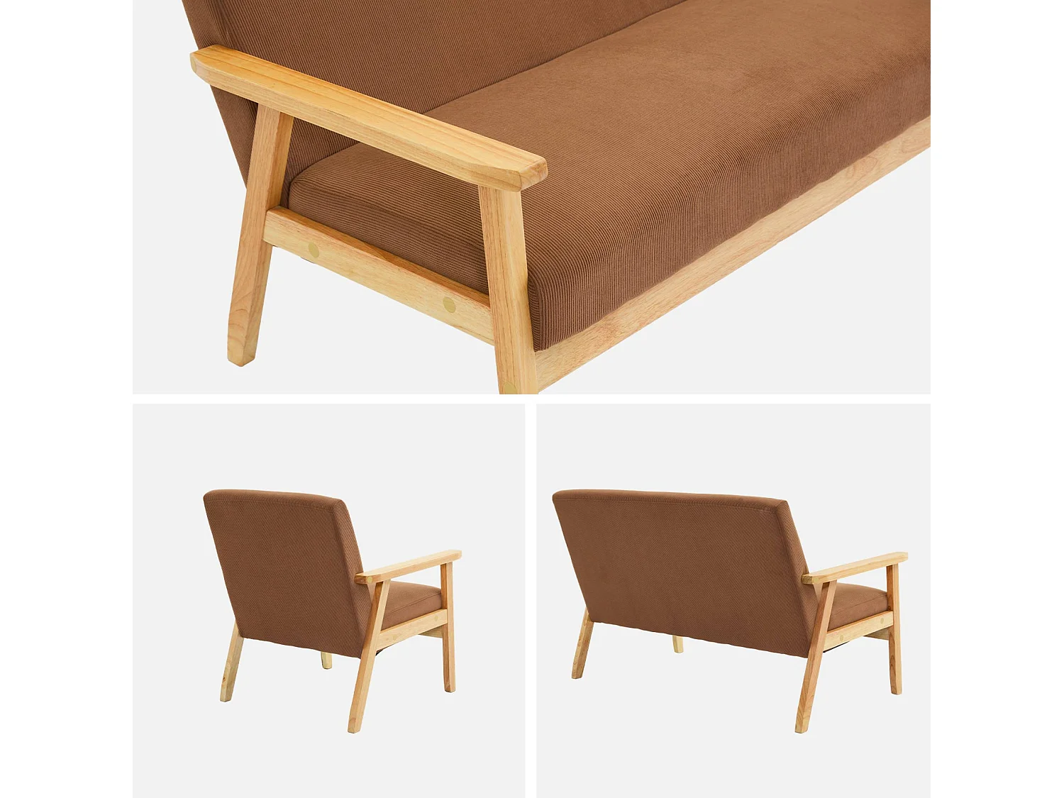 Canapé banquette 2 places + Fauteuil velours côtelé. pieds bois. marron