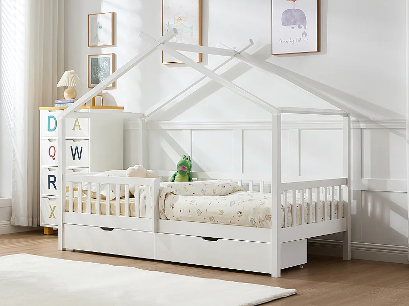 Lit cabane 90 x 190 cm avec tiroirs - Pin et MDF - Blanc - KIRALIO