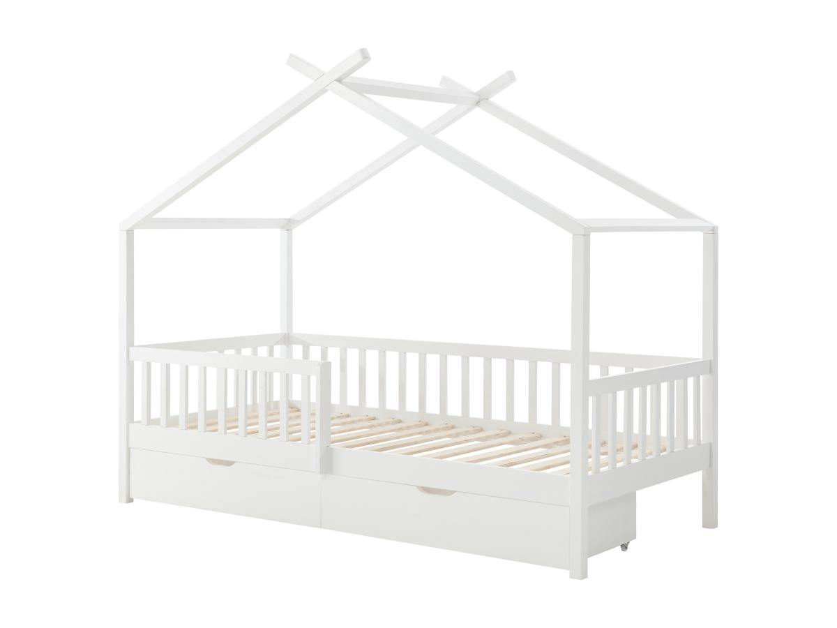 Bett in Hausoptik mit Schubladen - 90 x 190 cm - Kiefer & MDF - Weiß - KIRA günstig online kaufen