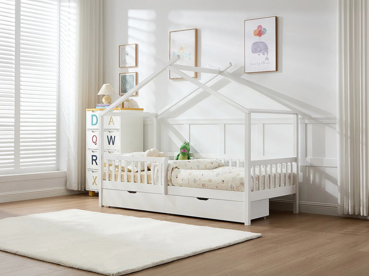 Lit cabane 90 x 190 cm avec tiroirs - Pin et MDF - Blanc - KIRALIO