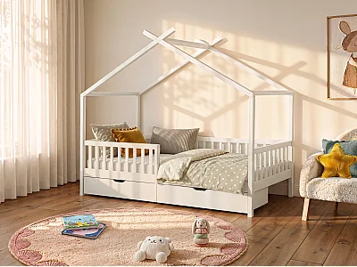 Lit cabane 90 x 190 cm avec tiroirs - Pin et MDF - Blanc - KIRALIO