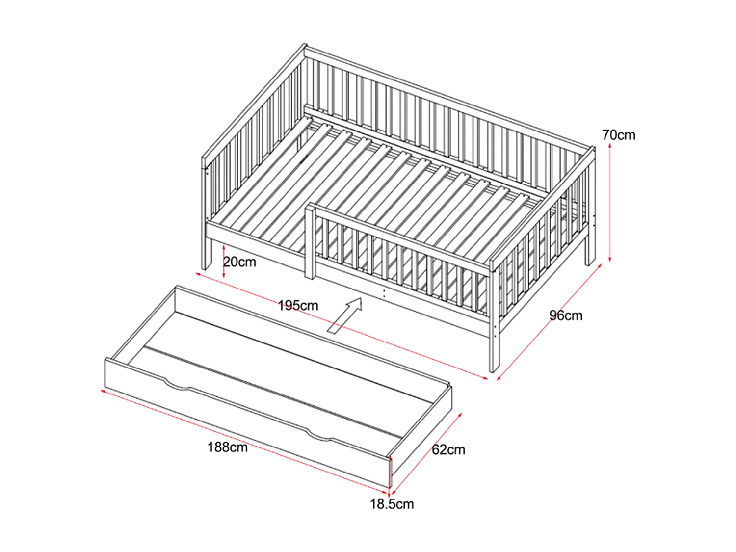 Seng 90 x 190 cm med skuffe - Fyr og MDF - Hvid - PROVIATI