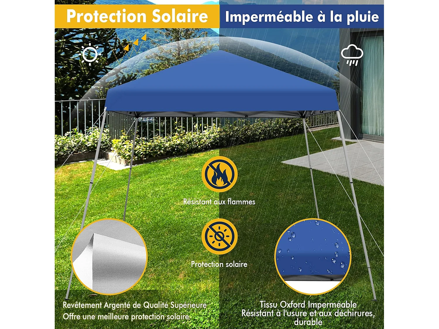 Tonnelle de Jardin Instantanée Pliable 3x3m/Tente de Jardin 3 Hauteurs Réglable Sac avec Sangles Anti-UV 50+ Imperméable pour Marché Patio CamBoisg Bleu