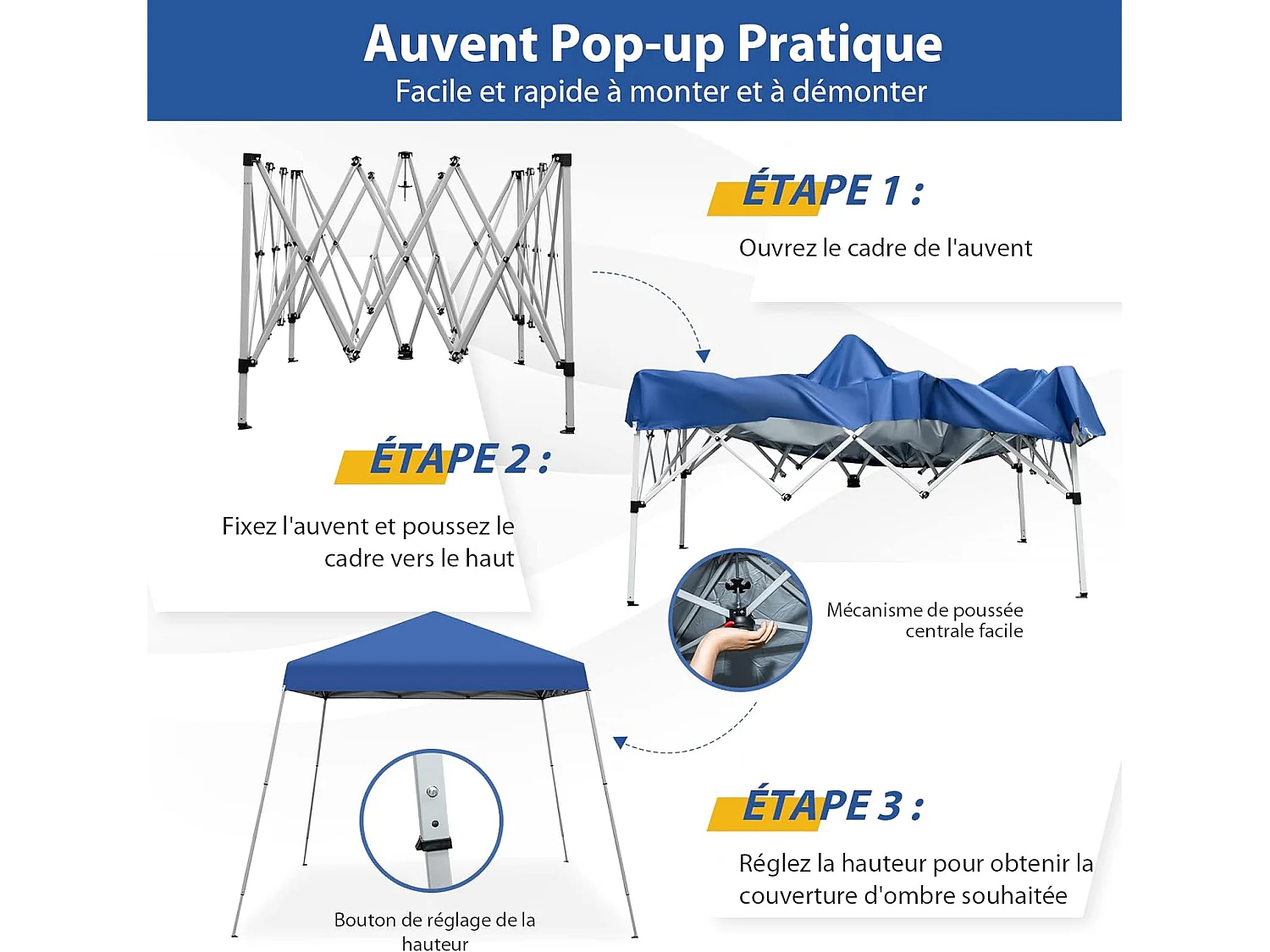 Tonnelle de Jardin Instantanée Pliable 3x3m/Tente de Jardin 3 Hauteurs Réglable Sac avec Sangles Anti-UV 50+ Imperméable pour Marché Patio CamBoisg Bleu