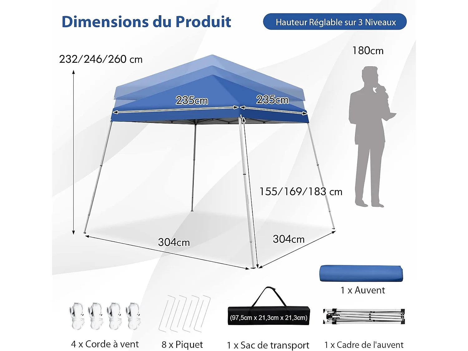 Tonnelle de Jardin Instantanée Pliable 3x3m/Tente de Jardin 3 Hauteurs Réglable Sac avec Sangles Anti-UV 50+ Imperméable pour Marché Patio CamBoisg Bleu