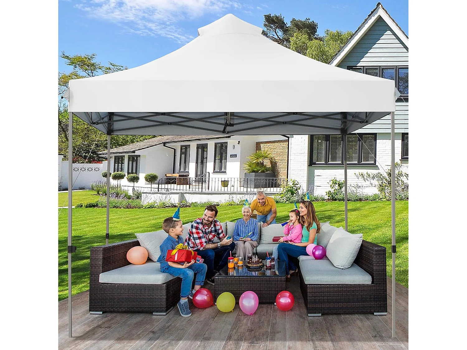 Tonnelle de Jardin Escamotable Pliable 3x3M, Tente de Fête Imperméable Protection Solaire 3 Hauteurs 305/320/335 cm avec Sac de Rangement à roulettes, pour Marché Patio (Blanc)