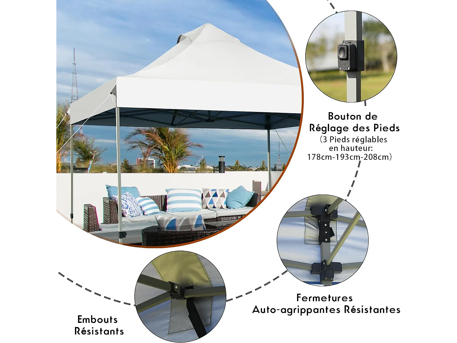 Tonnelle de Jardin Escamotable Pliable 3x3M, Tente de Fête Imperméable Protection Solaire 3 Hauteurs 305/320/335 cm avec Sac de Rangement à roulettes, pour Marché Patio (Blanc)