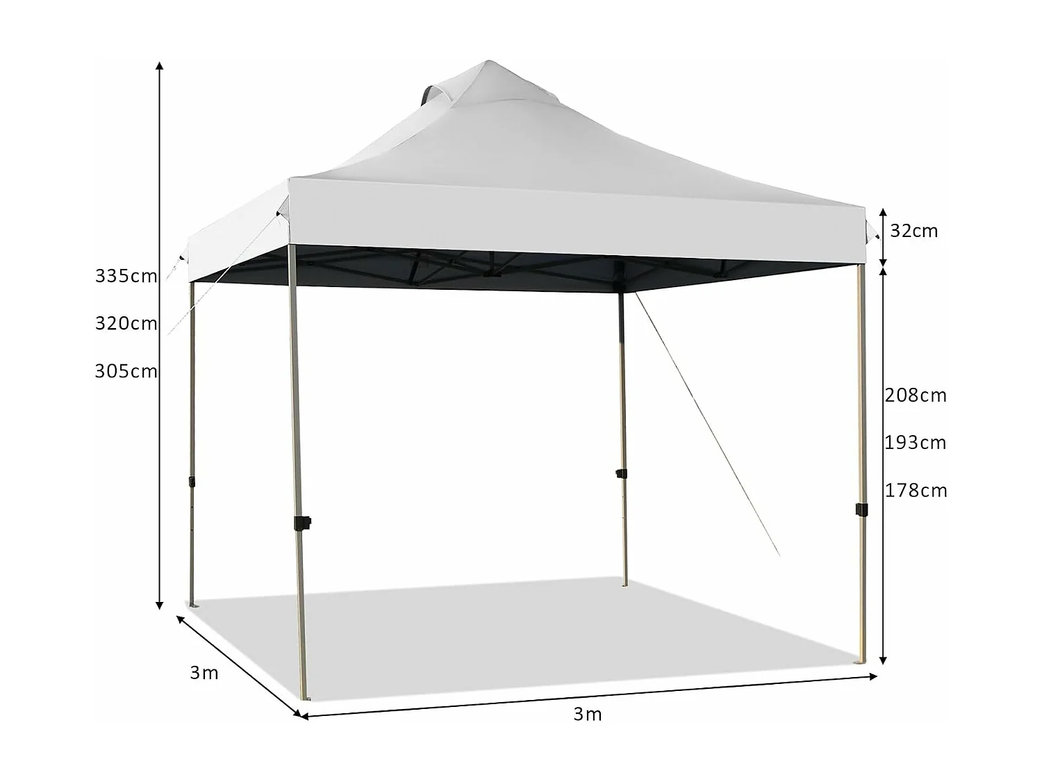 Tonnelle de Jardin Escamotable Pliable 3x3M, Tente de Fête Imperméable Protection Solaire 3 Hauteurs 305/320/335 cm avec Sac de Rangement à roulettes, pour Marché Patio (Blanc)
