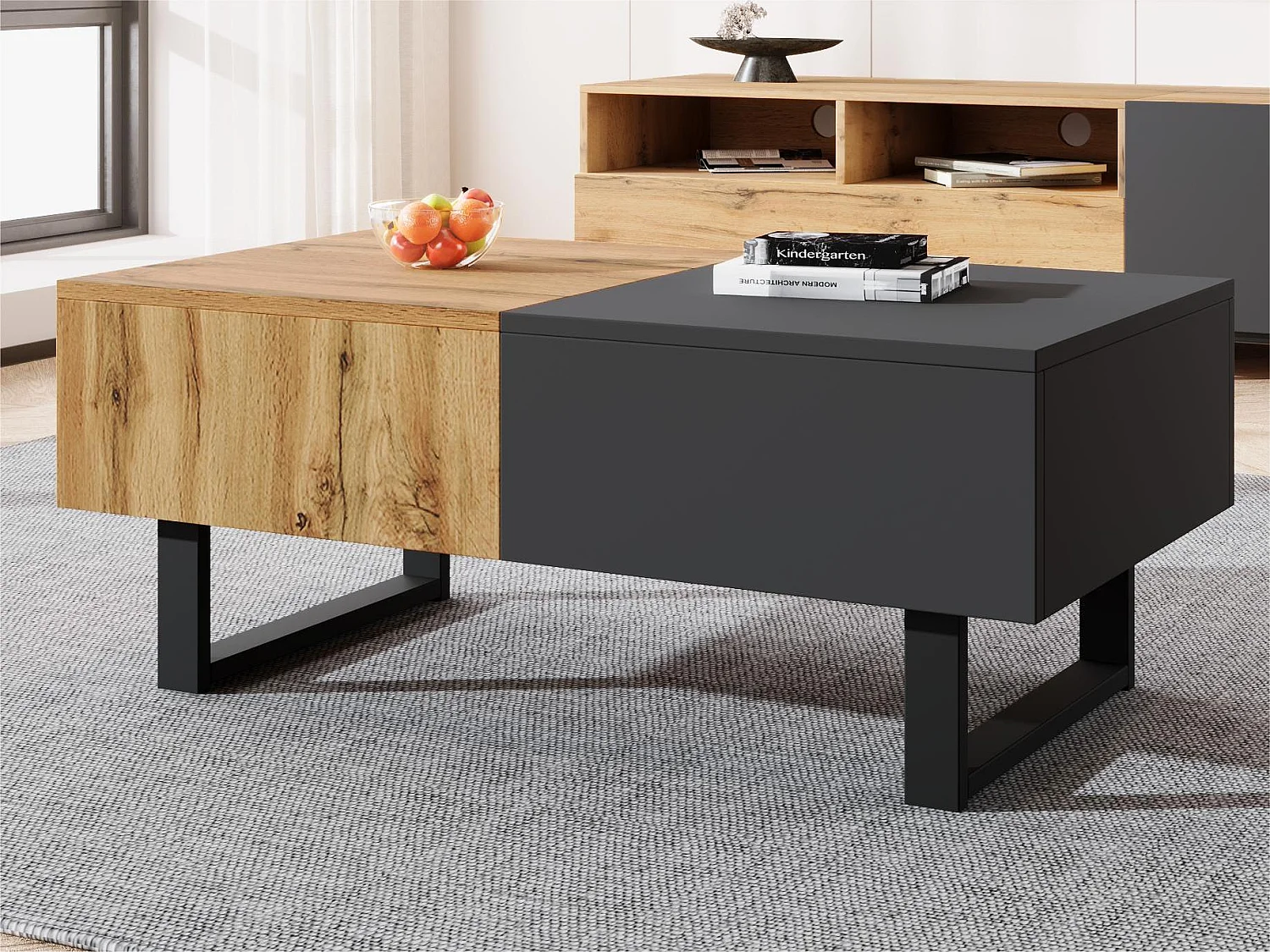 Couchtisch aus Holz und Metall – mit verstecktem Stauraum – Natur und Grau