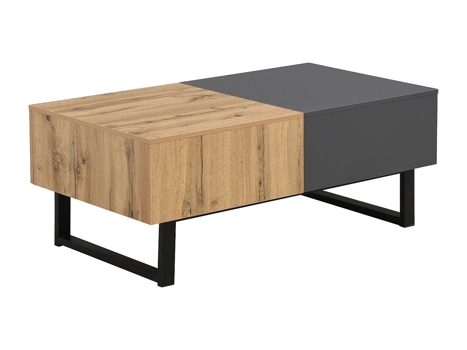 Couchtisch aus Holz und Metall – mit verstecktem Stauraum – Natur und Grau