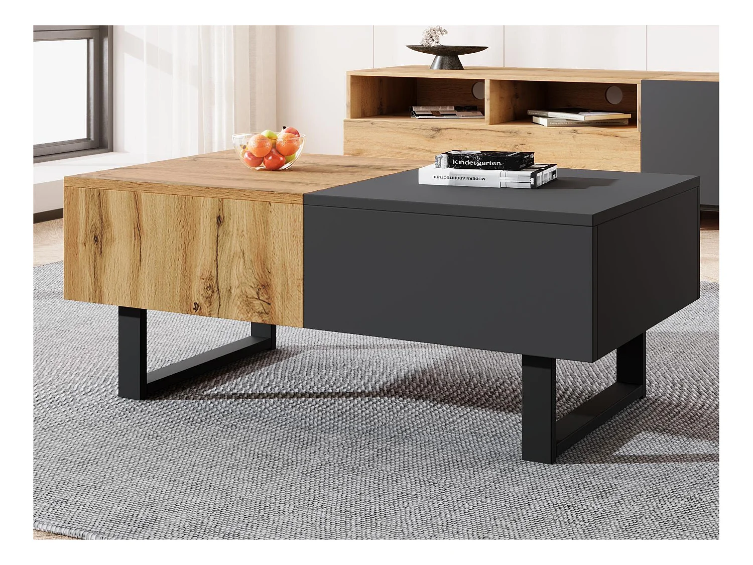 Table basse en bois et métal - avec rangements cachés - Naturel & Gris