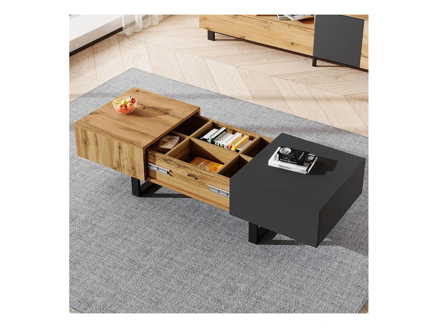 Table basse en bois et métal - avec rangements cachés - Naturel & Gris