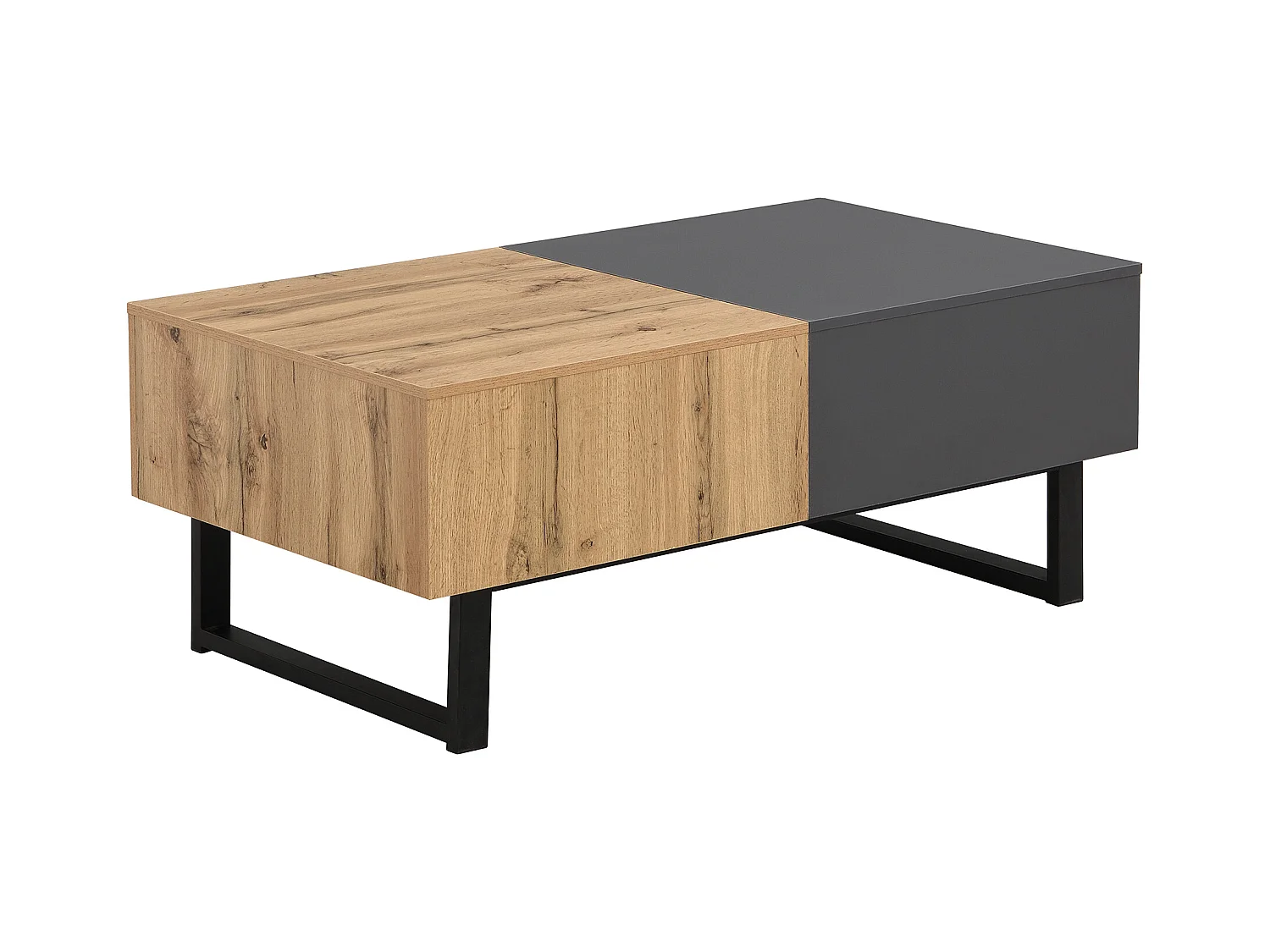 Table basse en bois et métal - avec rangements cachés - Naturel & Gris