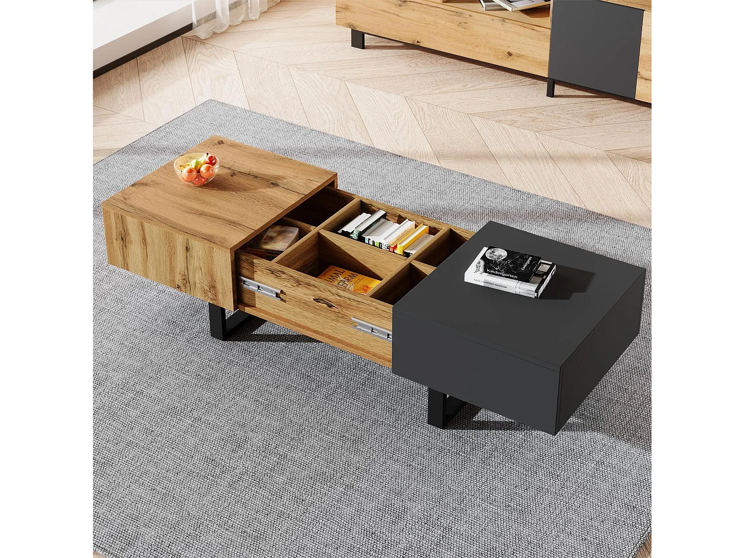 Salontafel in hout en metaal - met verborgen opbergruimte - Naturel en grijs