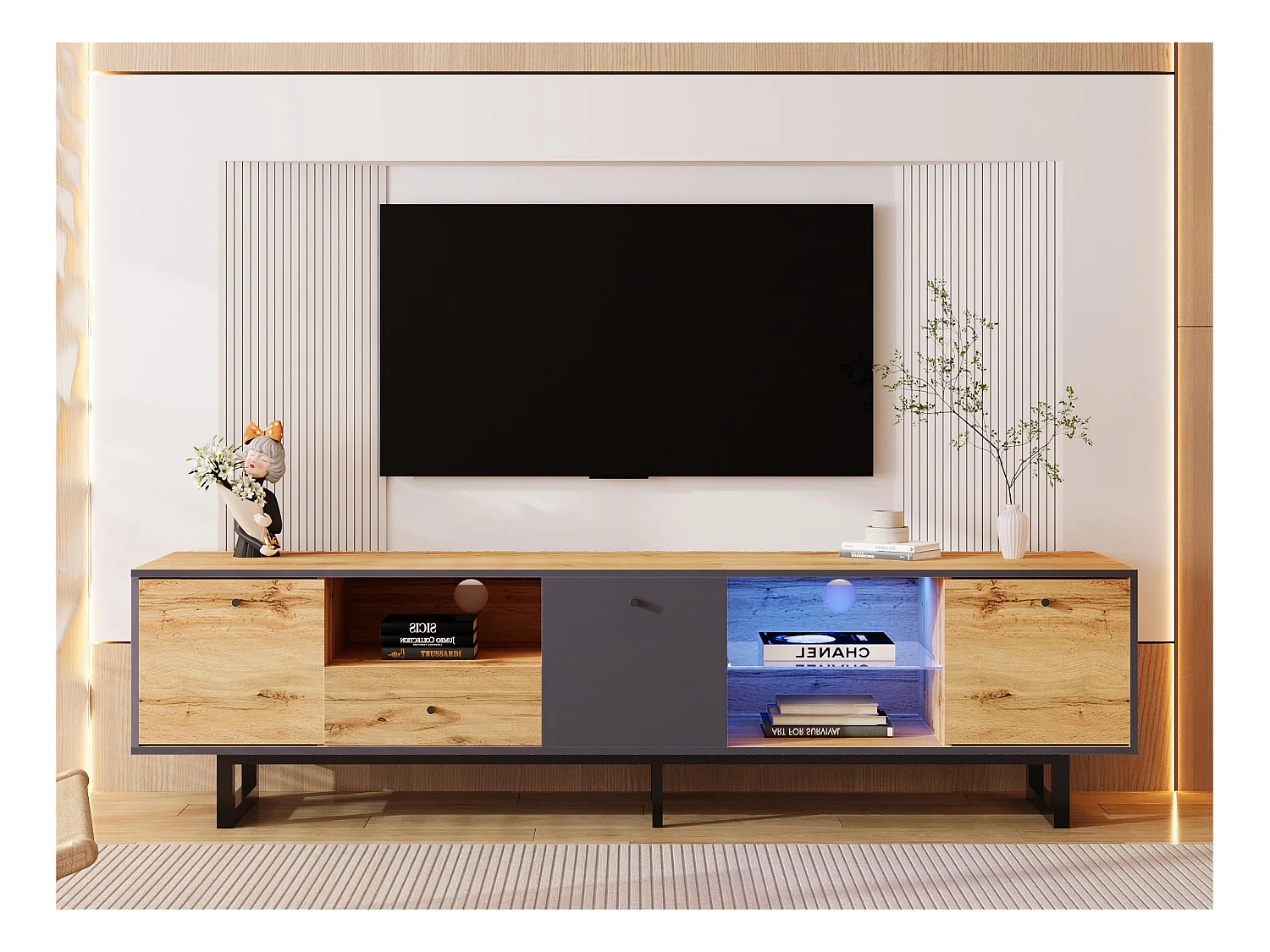 Meuble TV 190 cm avec LED - 6 cloisons et 1 tiroir - Naturel