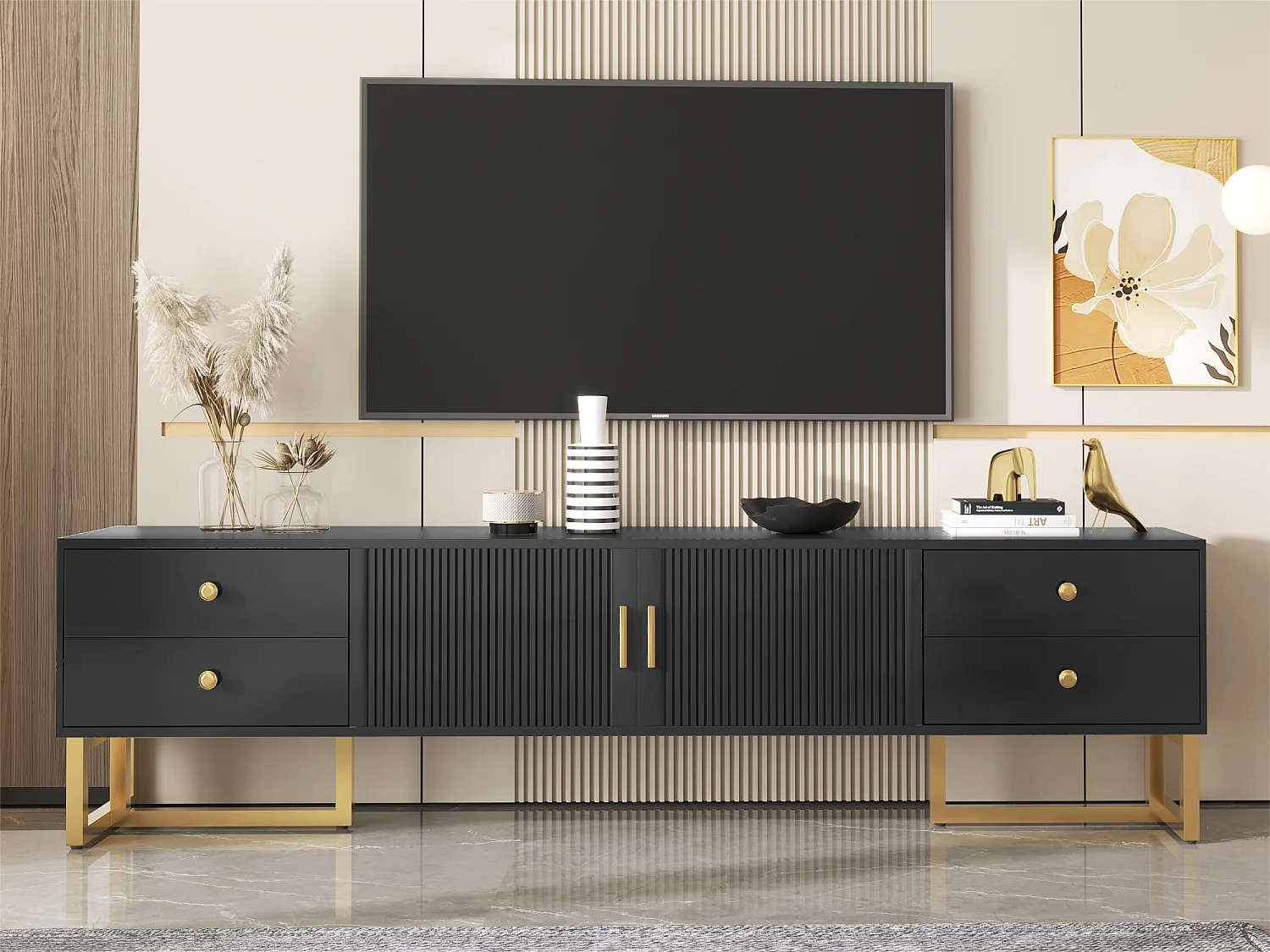 Móvel TV 175 cm - 2 portas texturadas e 4 gavetas - em MDF - Preto