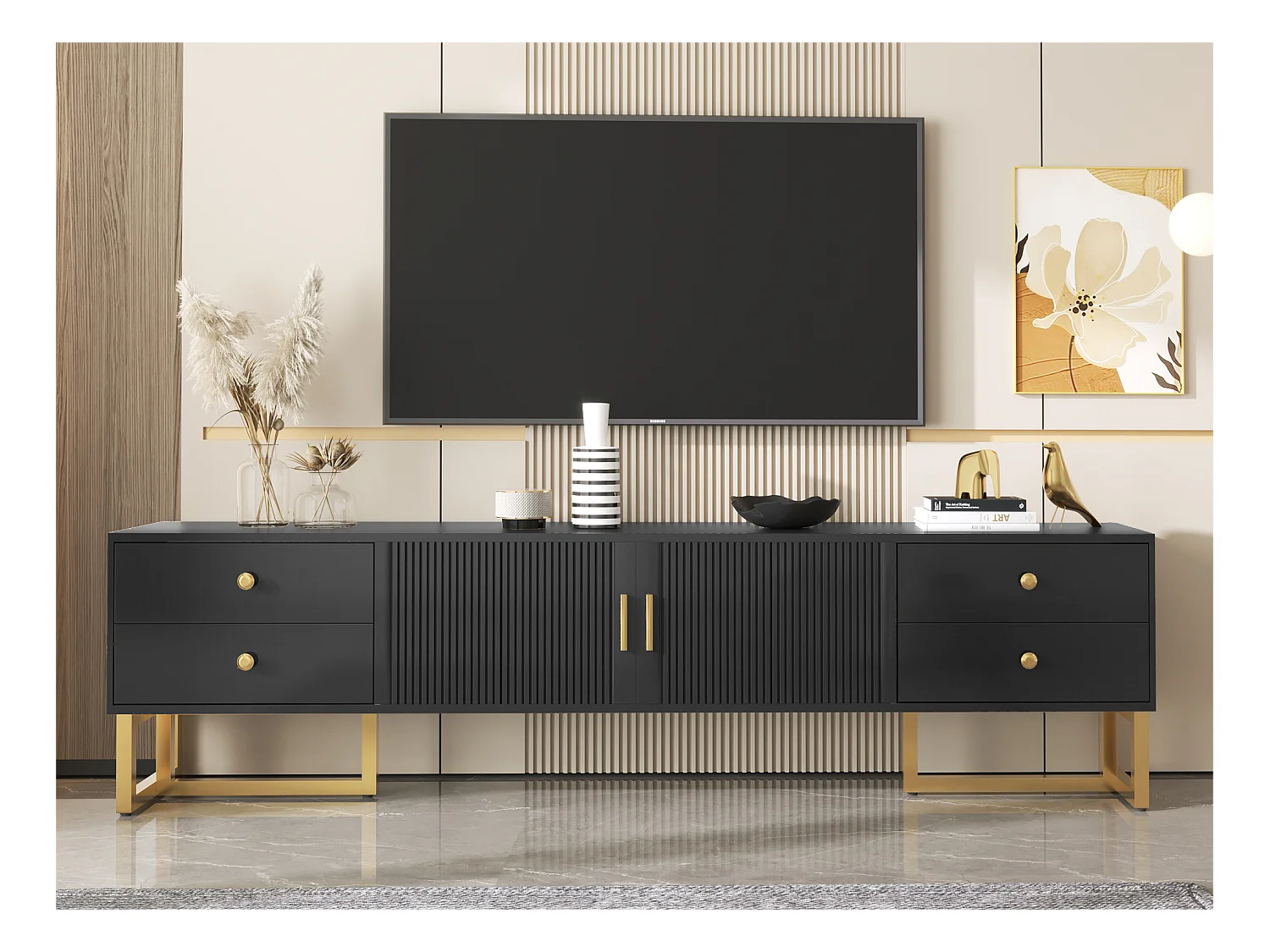 Meuble TV 175 cm - 2 portes texturés et 4 tiroirs - en MDF - Noir