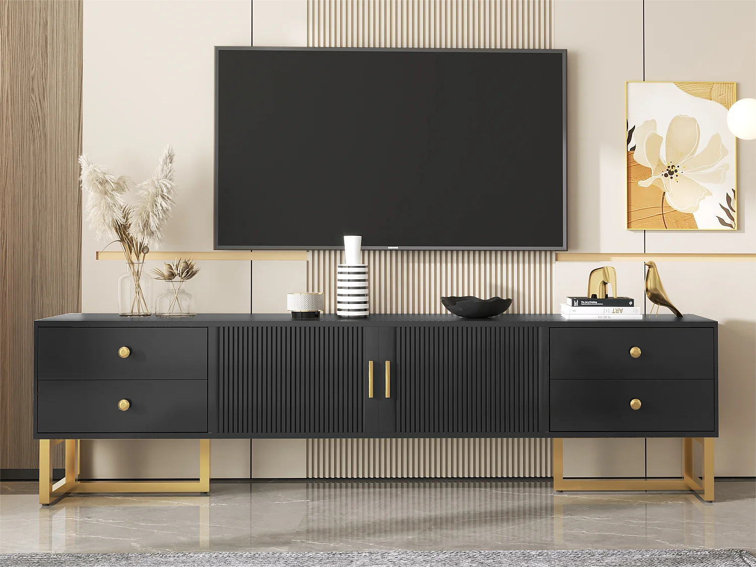 TV-meubel van 175 cm - 2 structuurdeuren en 4 laden - in MDF - Zwart