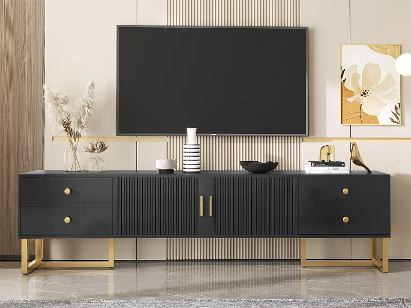 Meble RTV 175 cm - 2 drzwi teksturowane i 4 szuflady - z MDF - Czarny