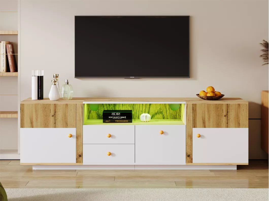 Kauf Unique 180 cm TV-Möbel mit LED-Licht – 6 Trennwände und 2 Schubladen – Natur