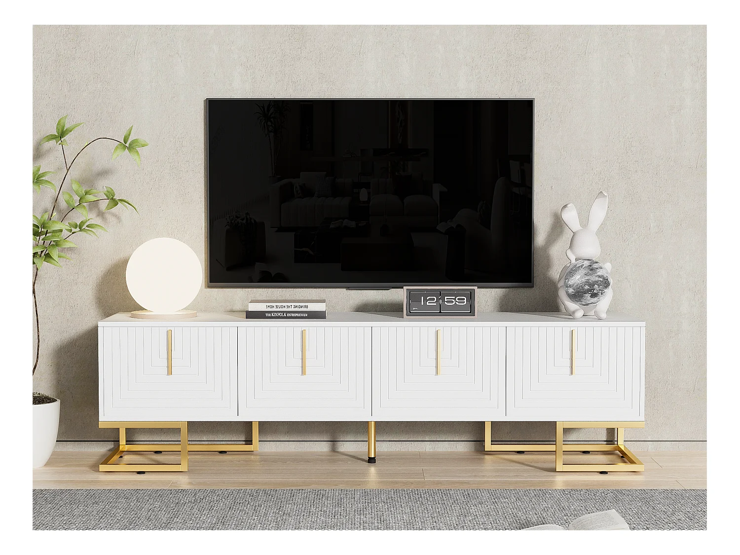 Meuble TV 170 cm - avec étagères réglable - poignées et pieds dorés - Blanc