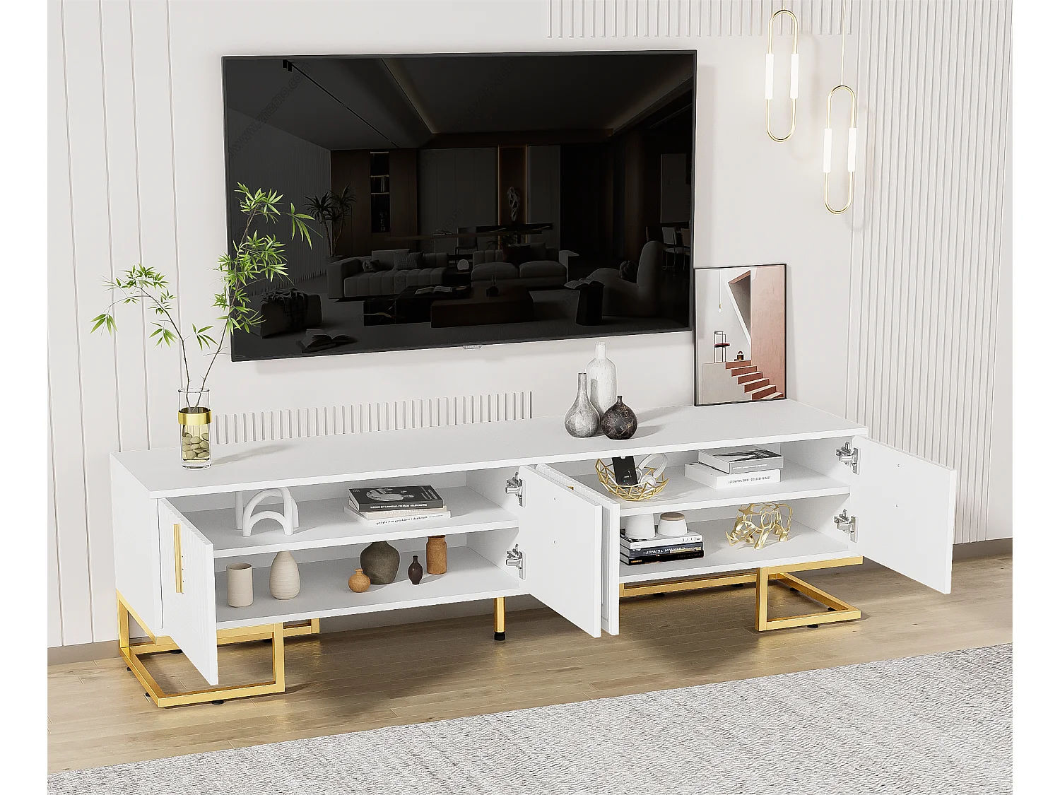 Mueble TV 170 cm - con estantes regulables - tiradores y pies dorados - Blanco