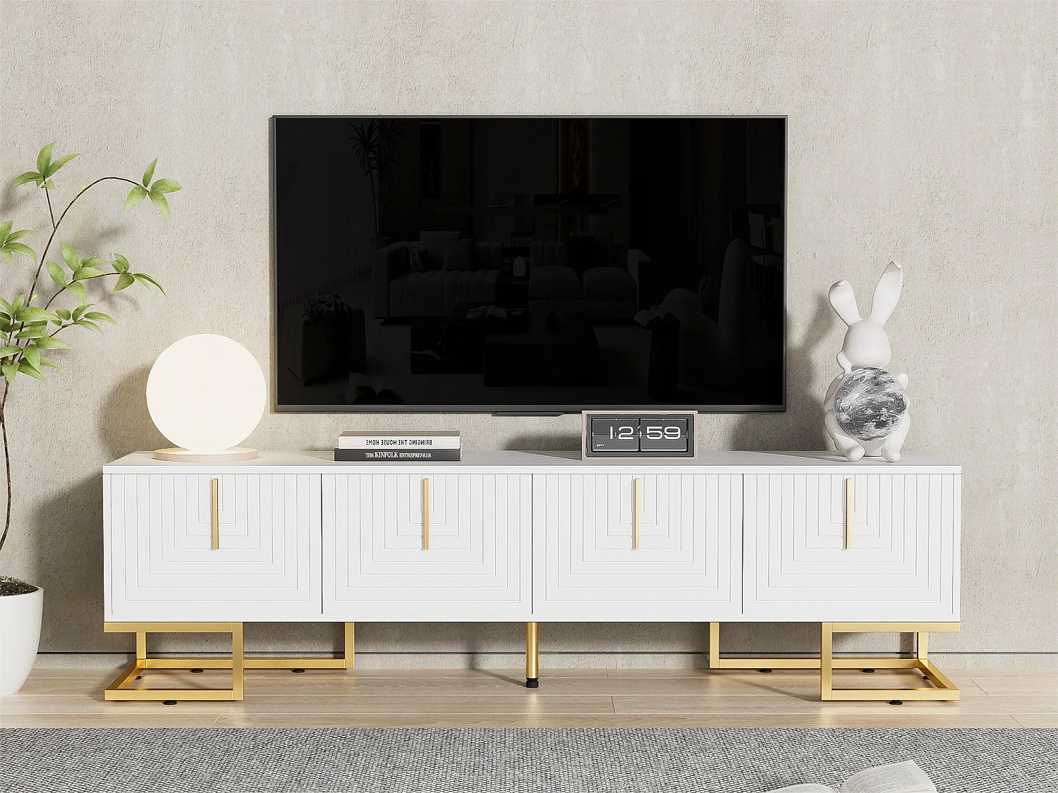 Meuble TV 170 cm - avec étagères réglable - poignées et pieds dorés - Blanc