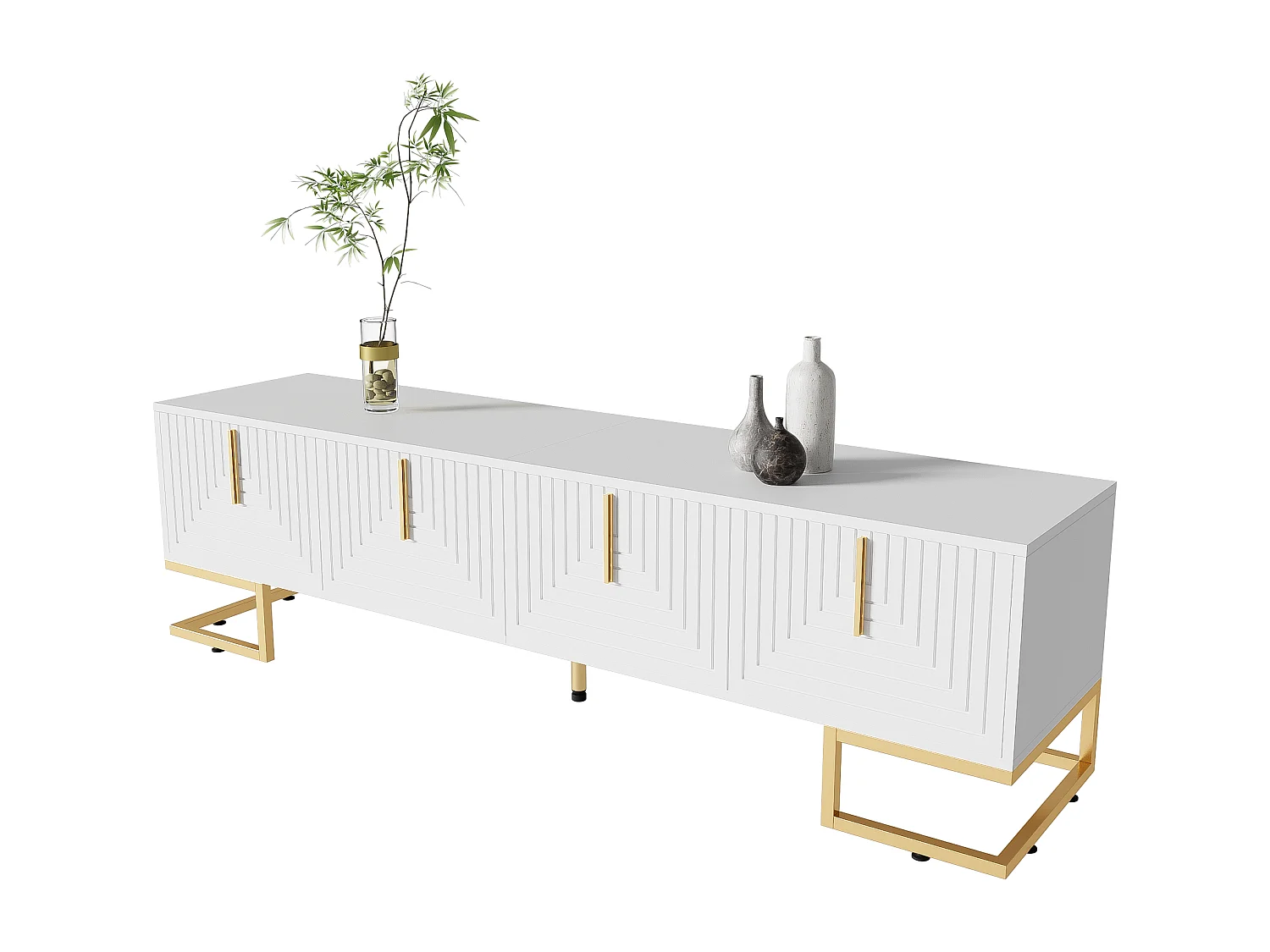 Meuble TV 170 cm - avec étagères réglable - poignées et pieds dorés - Blanc