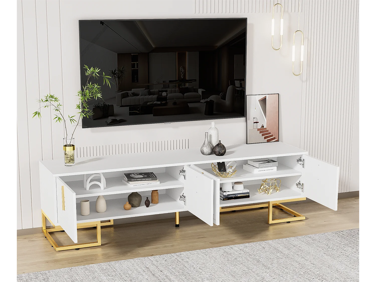 Móvel TV 170 cm - com prateleiras reguláveis ​​​​- puxadores e pés dourados - Branco