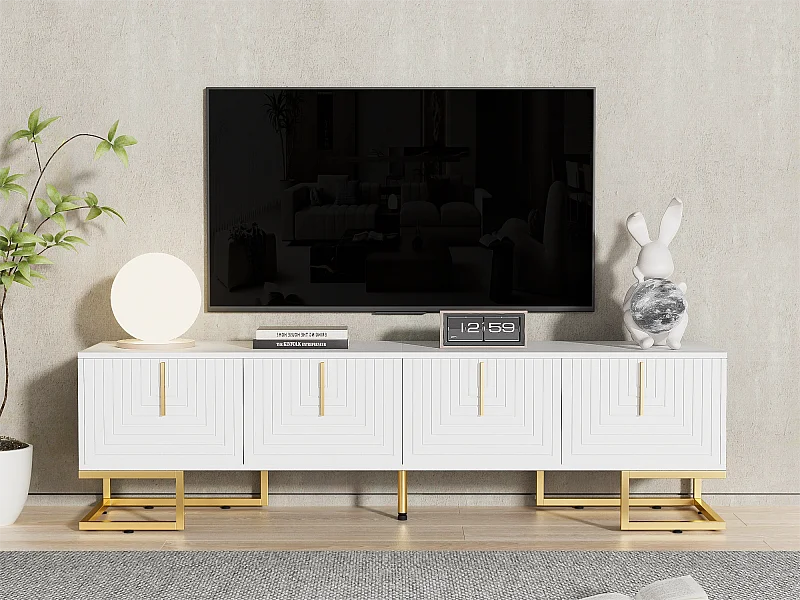 170 cm TV-Schrank – mit verstellbaren Regalen – goldene Griffe und Füße – Weiß
