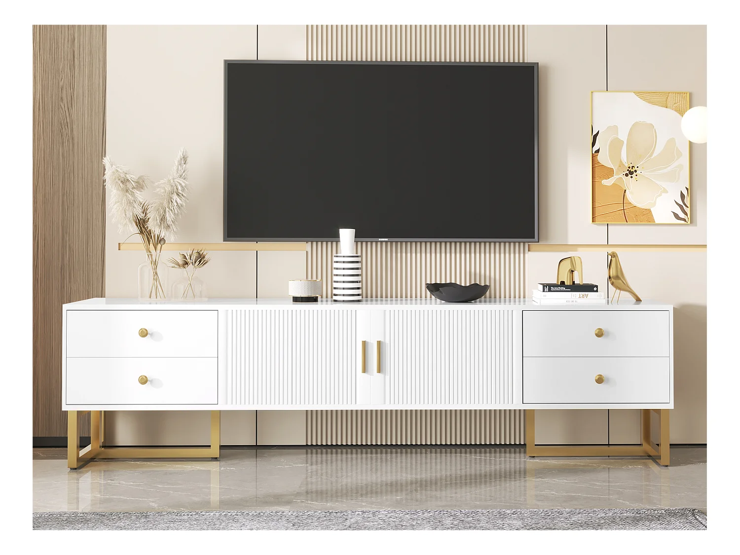 Meble TV 175 cm - 2 drzwi teksturowane i 4 szuflady - z MDF - Biały