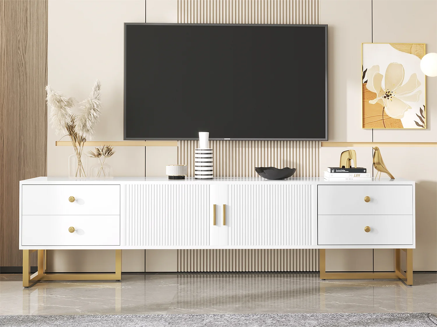 Meuble TV 175 cm - 2 portes texturés et 4 tiroirs - en MDF - Blanc